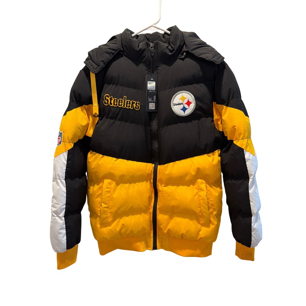 NFL Team Apparel Pittsburgh Steelers Puffer Jacket Black Yellow Hooded Mens M
